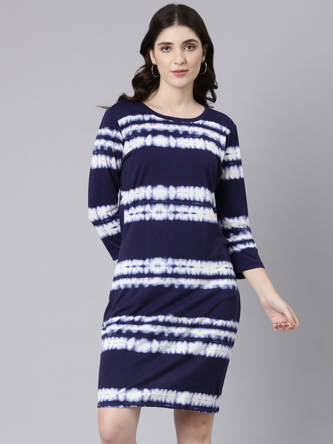TheShaili Cotton Blue Knee Length Dress/Round Neck 3/4 Sleeves Tie-Dye Dresses for Women and Girls