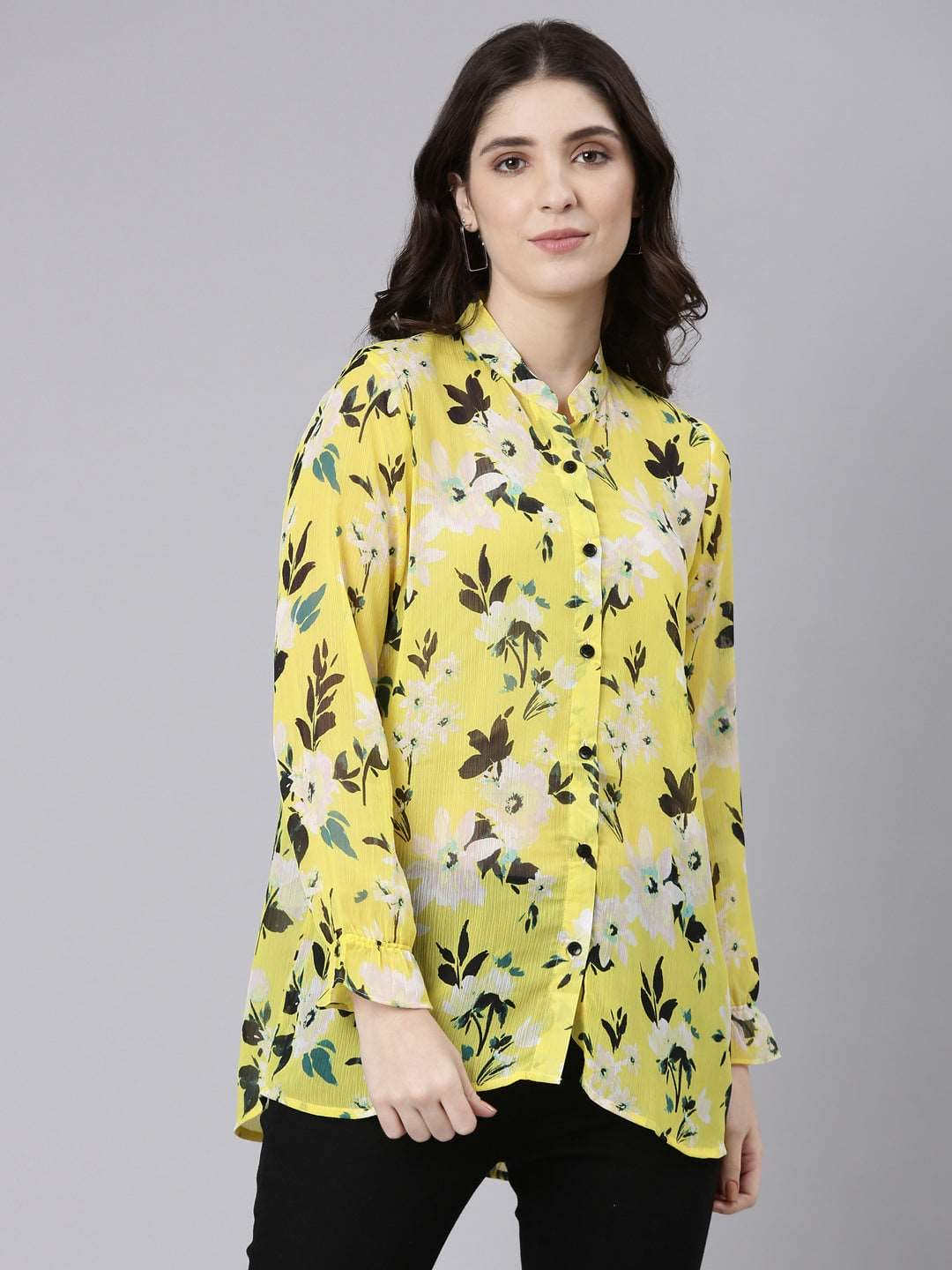 TheShaili Yellow Crinkled Chiffon Collared Regular FullSleevess Floral Print Top