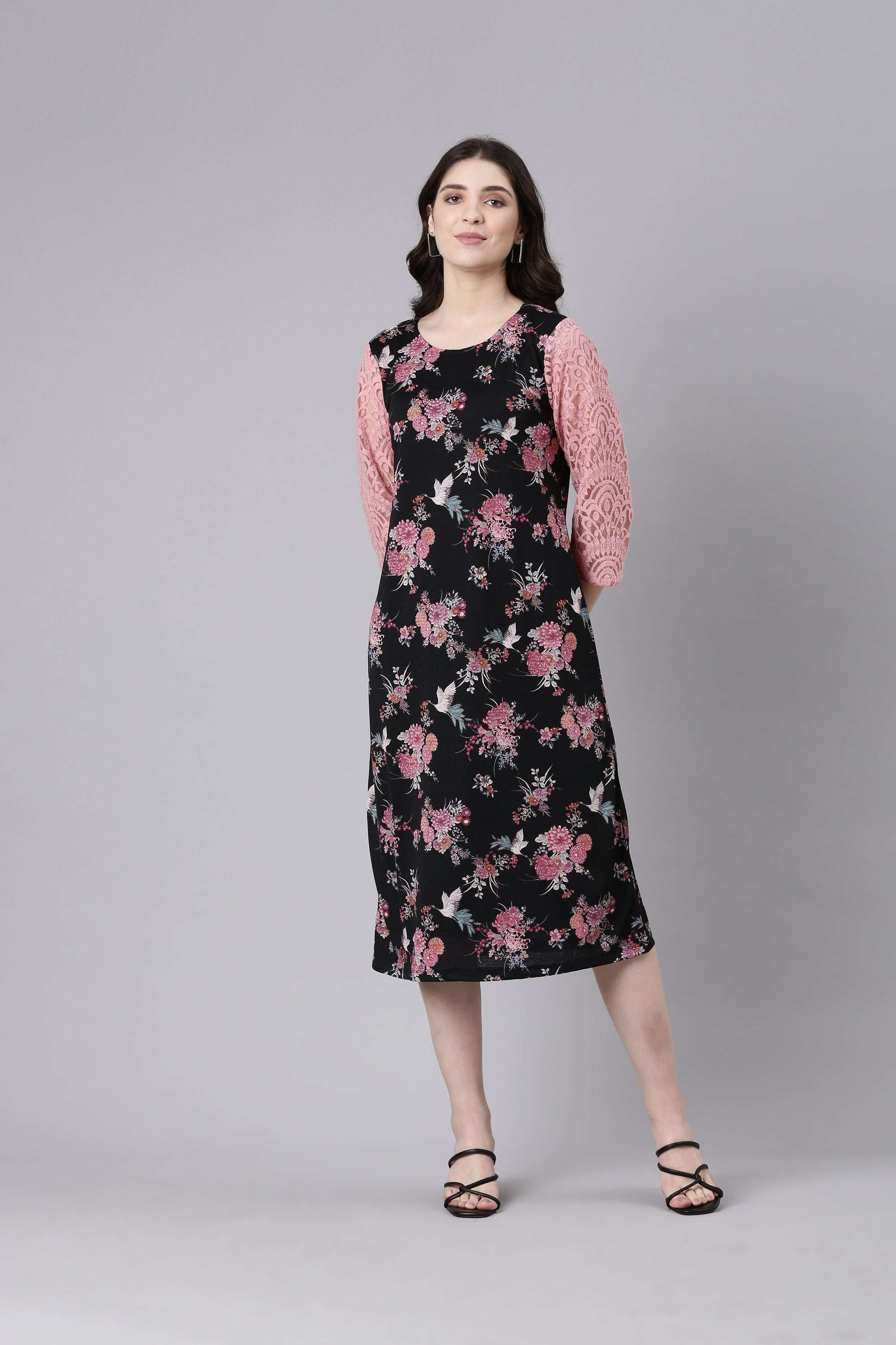 TheShaili Women's Round Neck Three Quater Sleeves Floral Design Maxi Dress