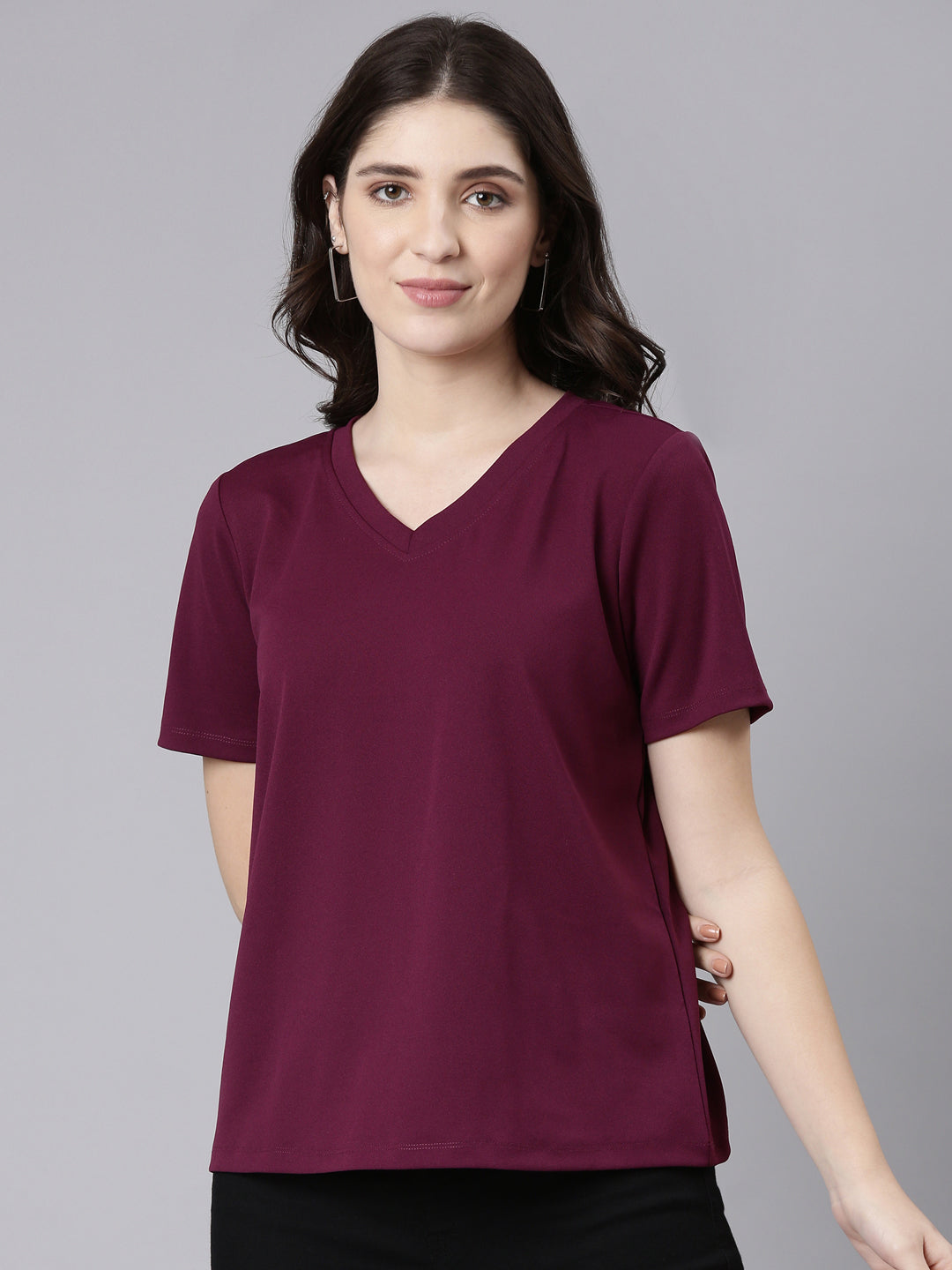 Buy t-shirt from  TheShaili V-Neck Half Sleeves Women's /Regular Fit Solid Plum  on online 