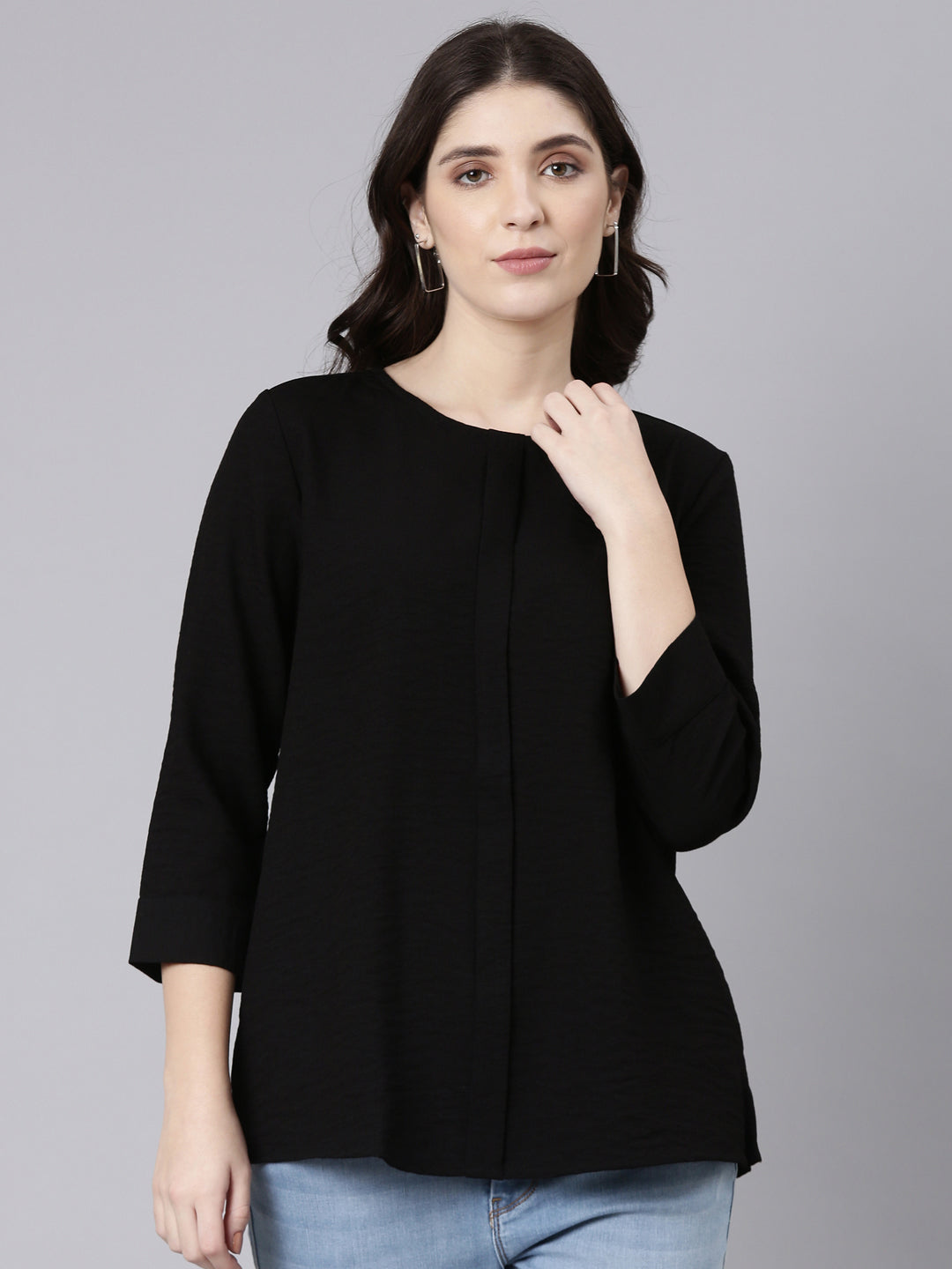 TheShaili Poly Crape Casual Black Round Neck Top for Womens & Girls/Casual Top for Office College Work Casual Wear