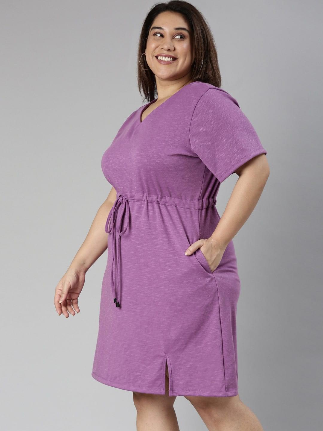 TheShaili - Women's Lavender Slub solid knee length A-line dress with draw cord