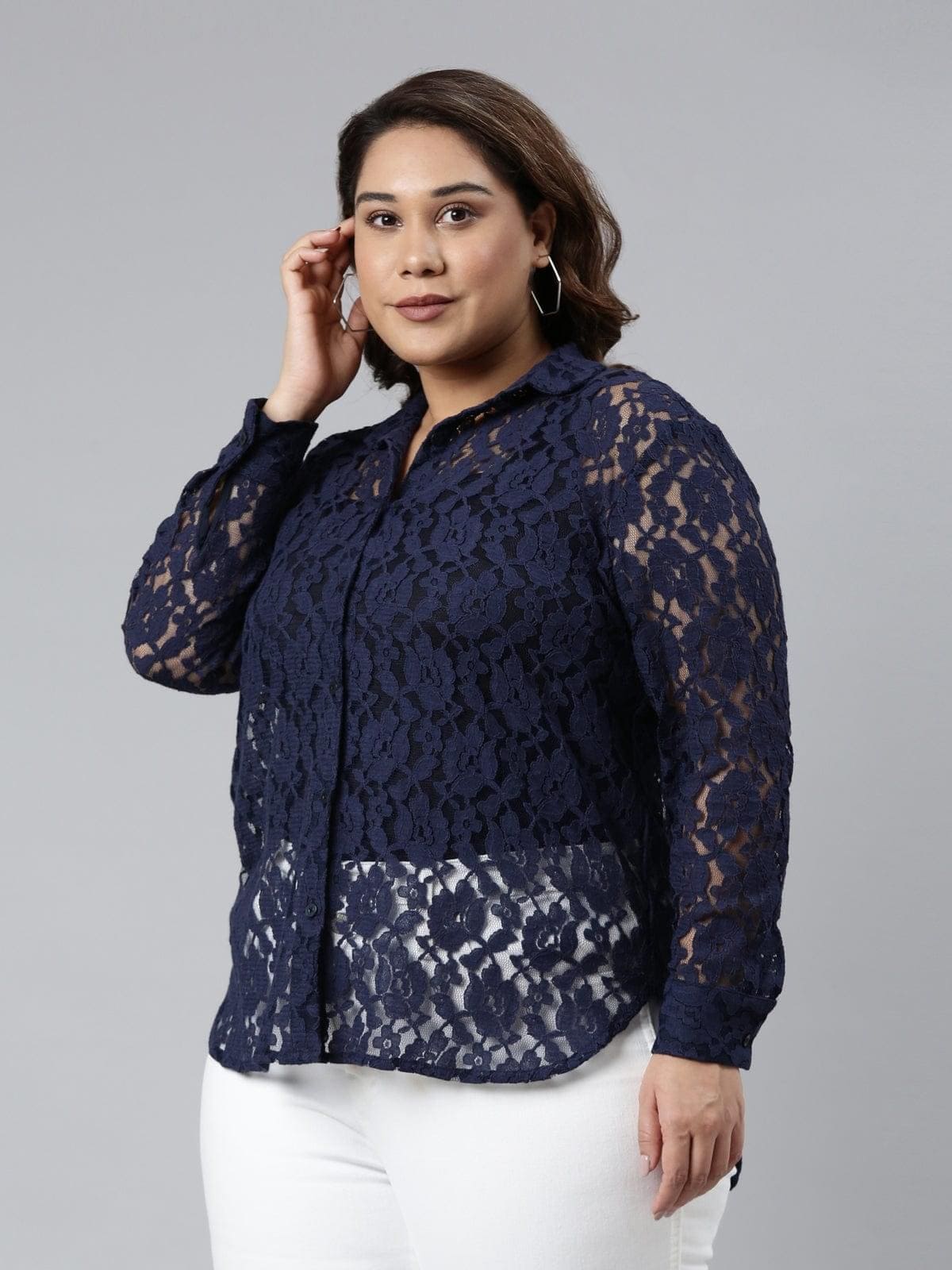 Blue lace shirt with Pointed collar