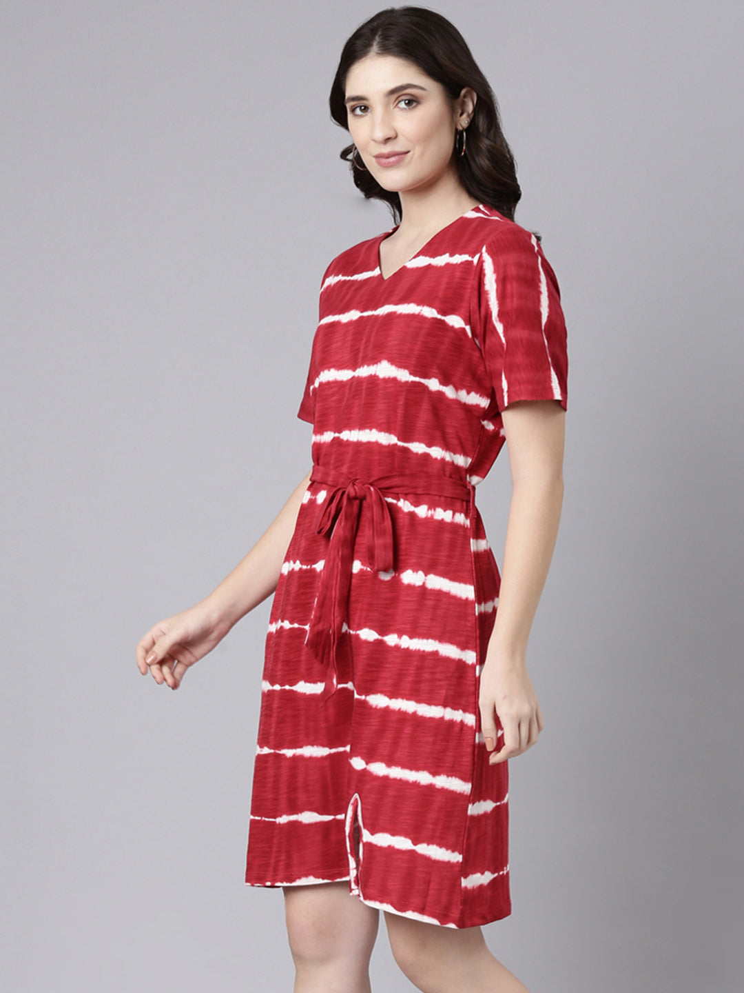 TheShaili Cotton Red Knee Length Dress/V- Neck Half Sleeves Tie-Dye Design Dresses for Women and Girls