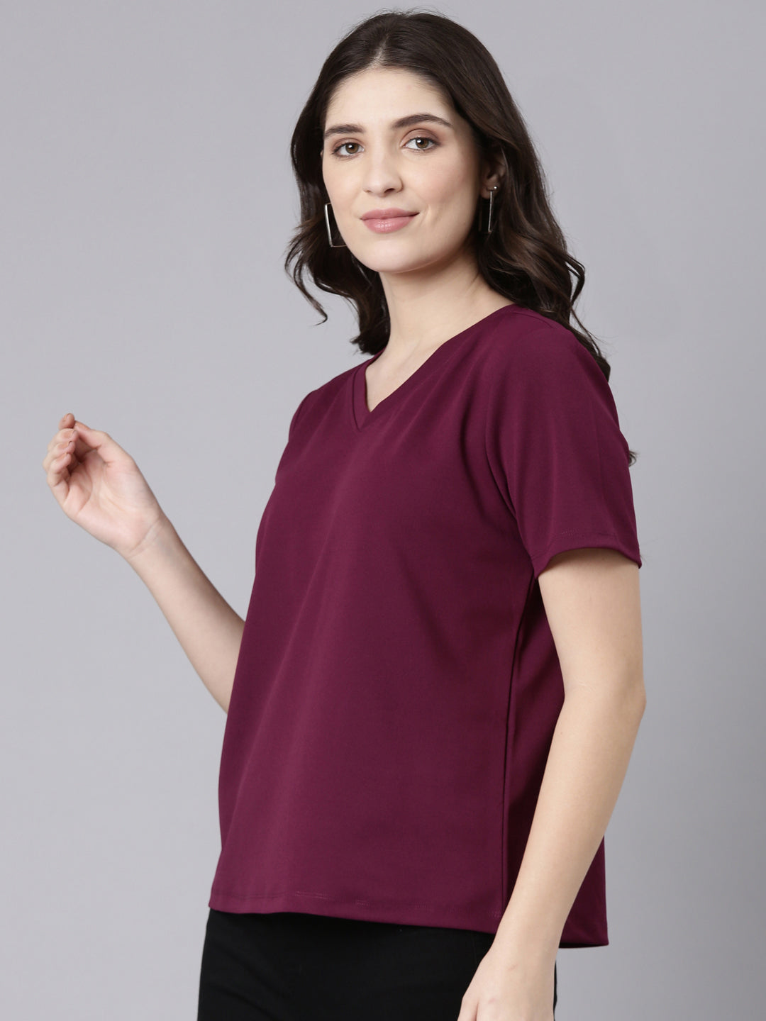 Buy t-shirt from  TheShaili V-Neck Half Sleeves Women's /Regular Fit Solid Plum  at just rs 5999