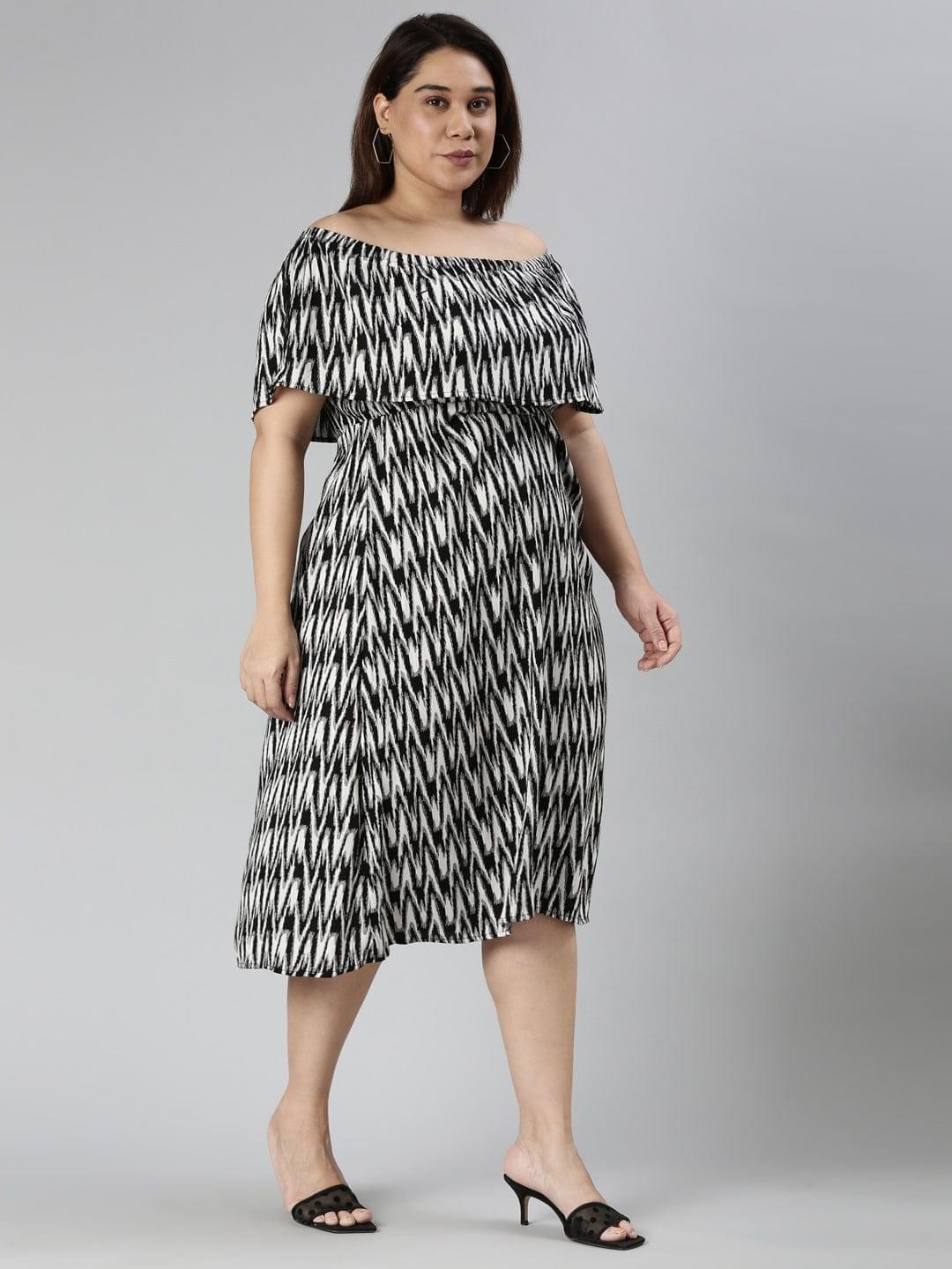 TheShaili - Women's Black and white Off-shoulder A-line maxi dress