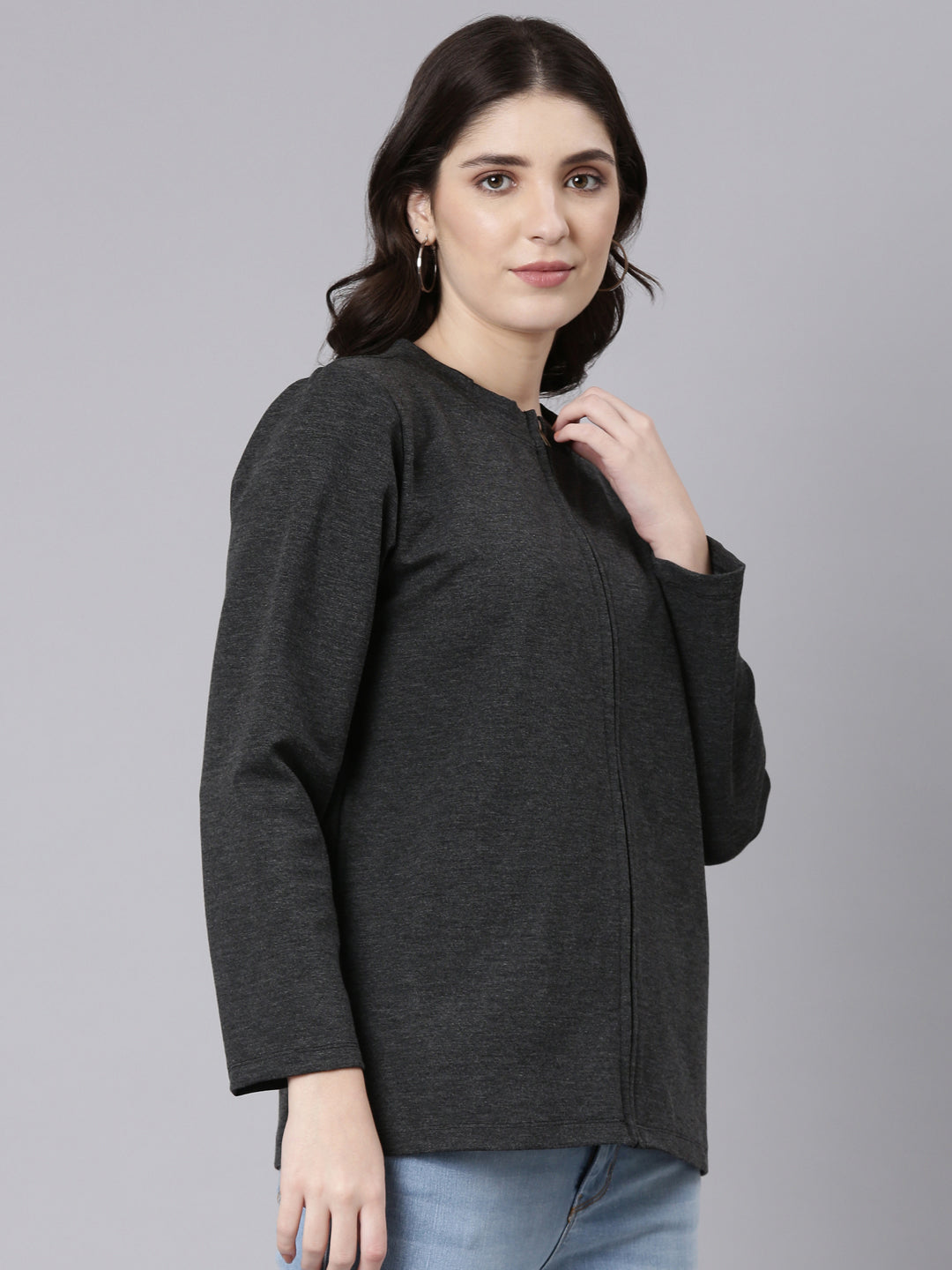 TheShaili Stretchable Cotton Jacket for Women | Full Sleeves | Zipper Closing - Casual Jacket for Women Grey melange