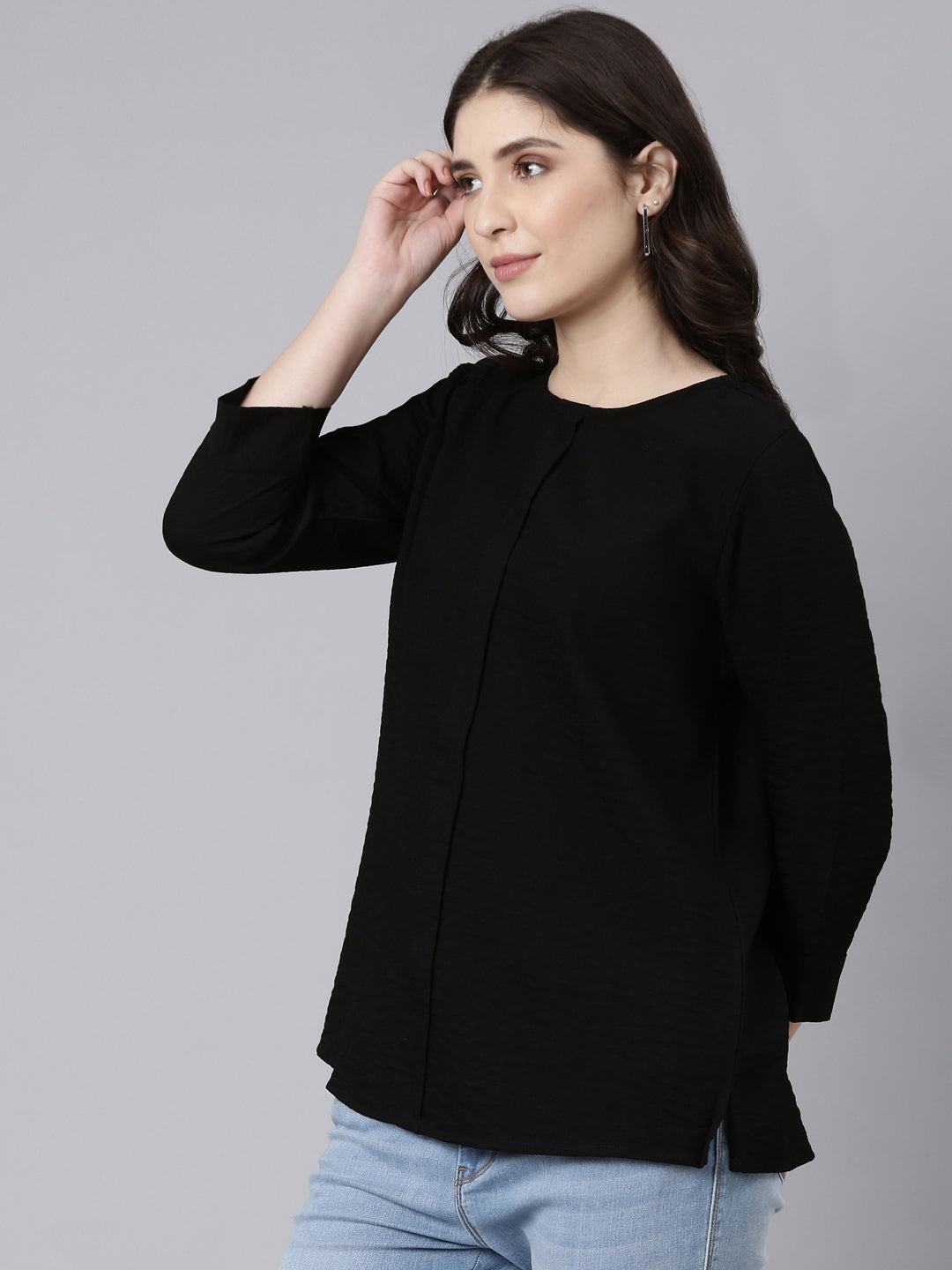 TheShaili Poly Crape Casual Black Round Neck Top for Womens & Girls/Casual Top for Office College Work Casual Wear