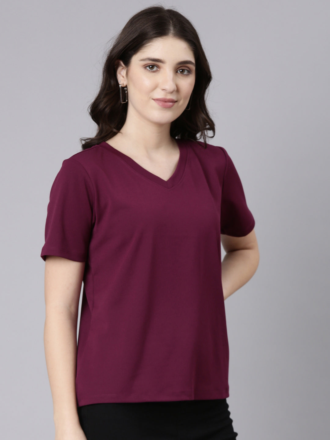 Buy t-shirt from  TheShaili V-Neck Half Sleeves Women's /Regular Fit Solid Plum  on online India