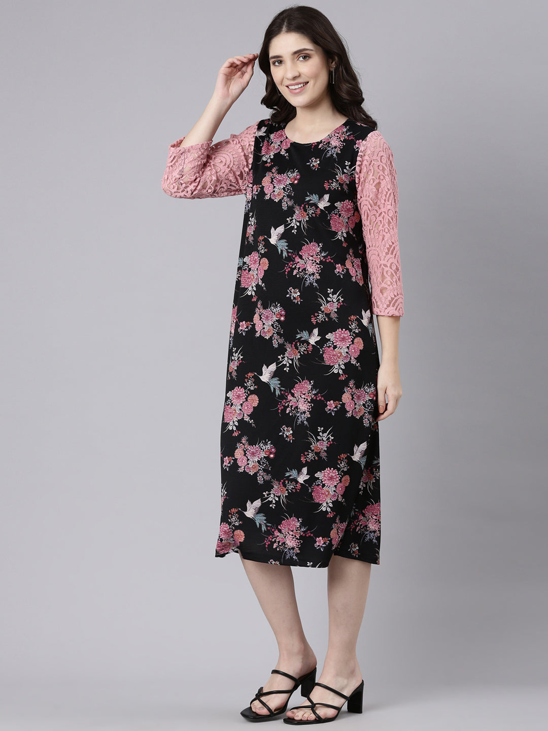 TheShaili Women's Round Neck Three Quater Sleeves Floral Design Maxi Dress