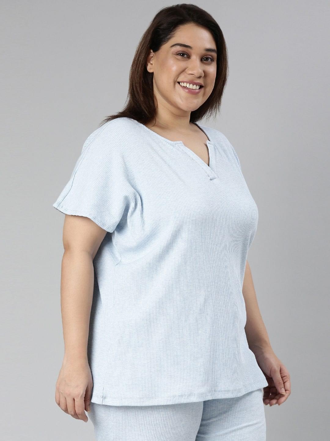 TheShaili - Women's Blue ribbed V neck Top with extended sleeves