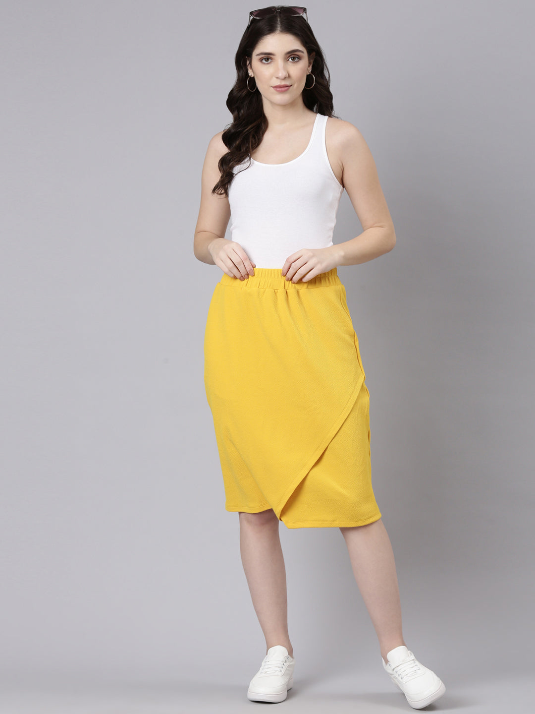 TheShaili Over Lap Skirt for Womens & Girls/Classic Stretchy All Time Trendy fit Over Lap Skirt with Elasticated Waistband - Yellow/for Office Party
