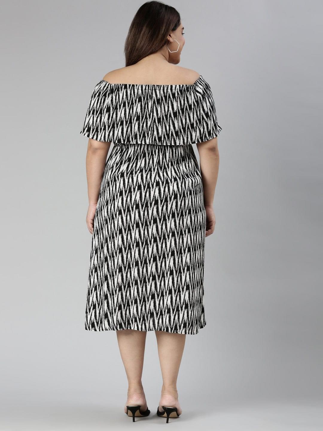 TheShaili - Women's Black and white Off-shoulder A-line maxi dress