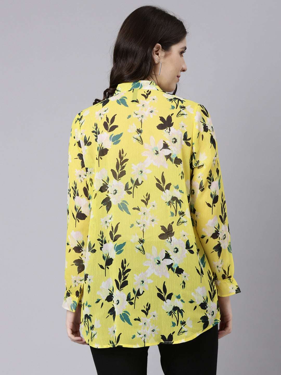 TheShaili Yellow Crinkled Chiffon Collared Regular FullSleevess Floral Print Top