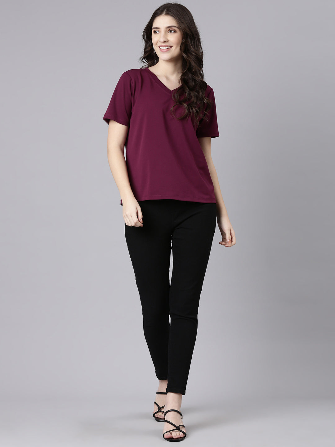 Buy t-shirt from  TheShaili V-Neck Half Sleeves Women's /Regular Fit Solid Plum 
