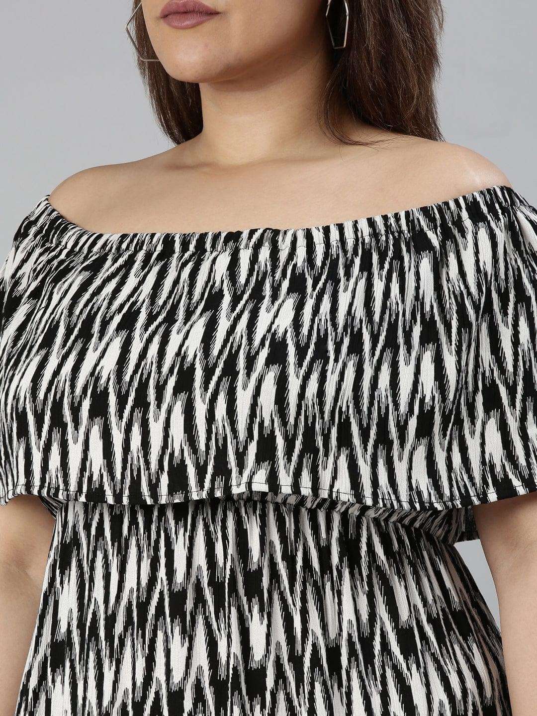 TheShaili - Women's Black and white Off-shoulder A-line maxi dress