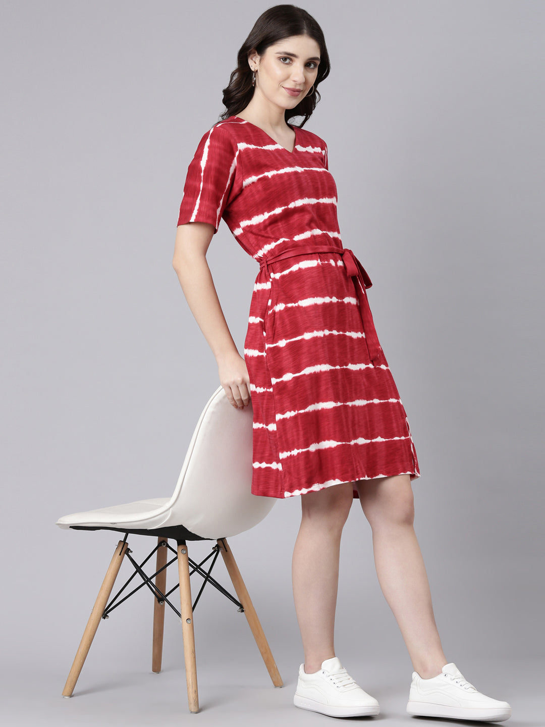 TheShaili Cotton Red Knee Length Dress/V- Neck Half Sleeves Tie-Dye Design Dresses for Women and Girls