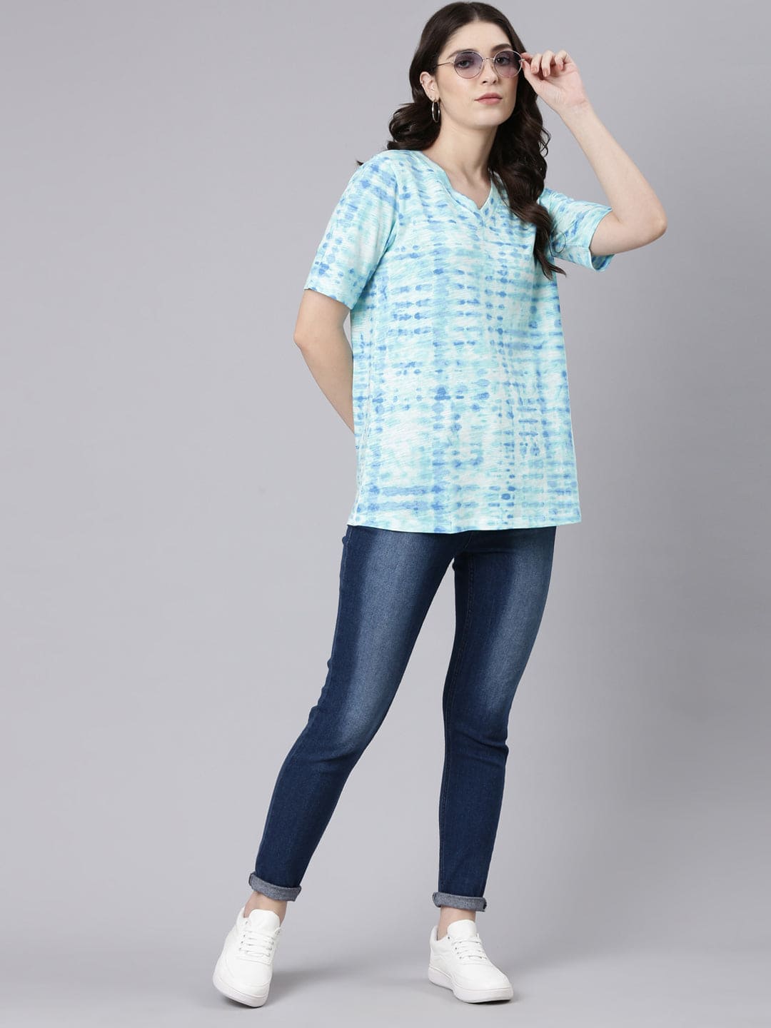TheShaili Casual V Neck Top for Womens & Girls/Casual Top for Office College Work Casual Wear/White Blue