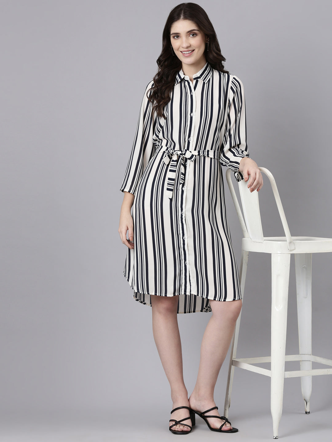 TheShaili Women Vertical Stripe Chiffon Fabric Western Knee Length Shirt Dresses