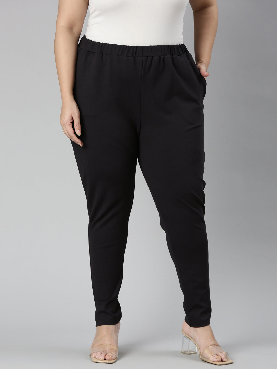 TheShaili - Women's Tapered fit Spandex Black Trousers