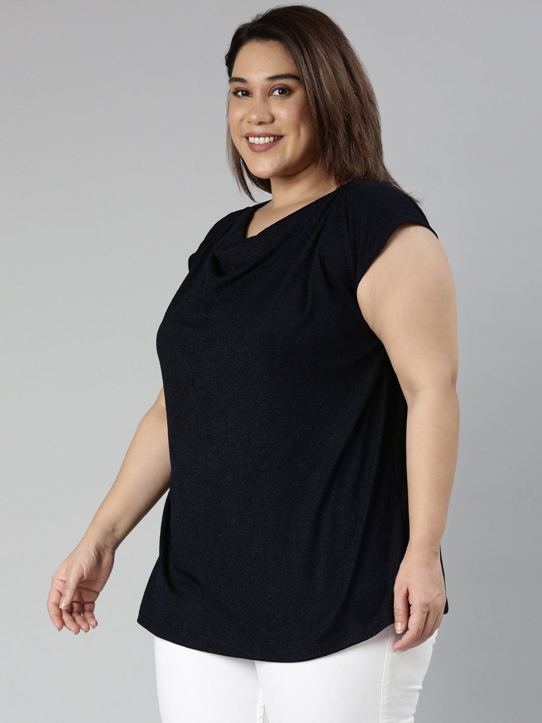 TheShaili - Women's Regular fit Solid navy cowl top