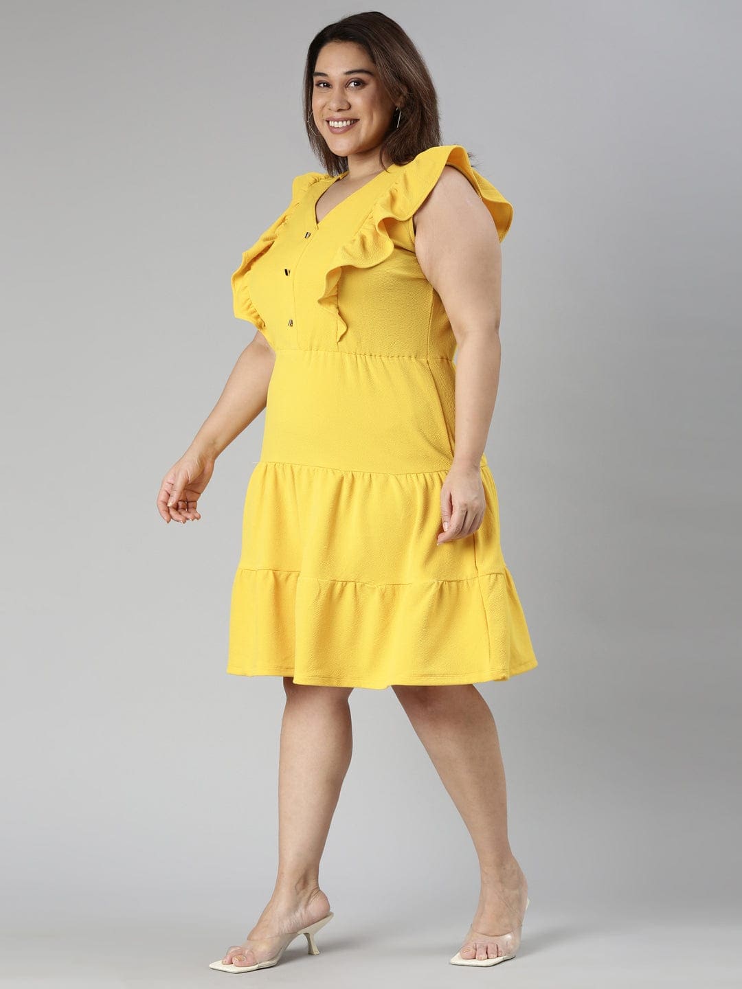 Yellow solid Ruffle tired knee length A-line dress