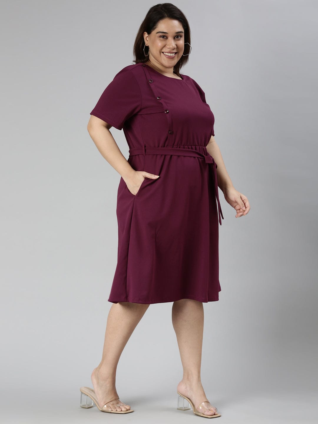 TheShaili - Women's Plum solid A-line maxi dress with pleat at front yoke
