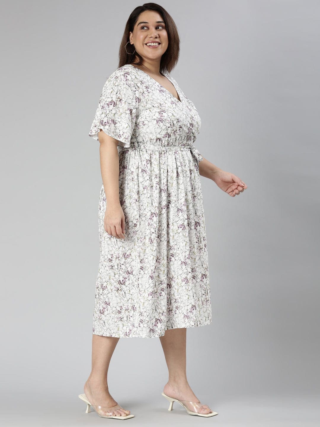 TheShaili - Women's White Floral printed Maxi overlap dress with Bell sleeves