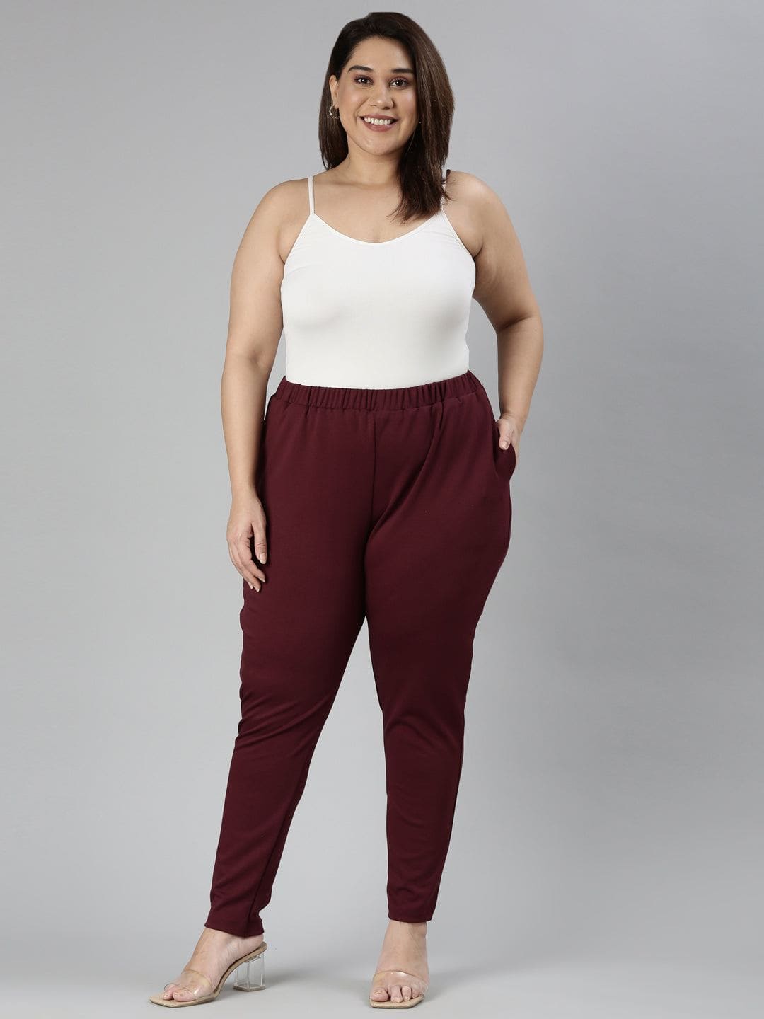TheShaili - Women's Tapered fit Spandex Maroon Trousers