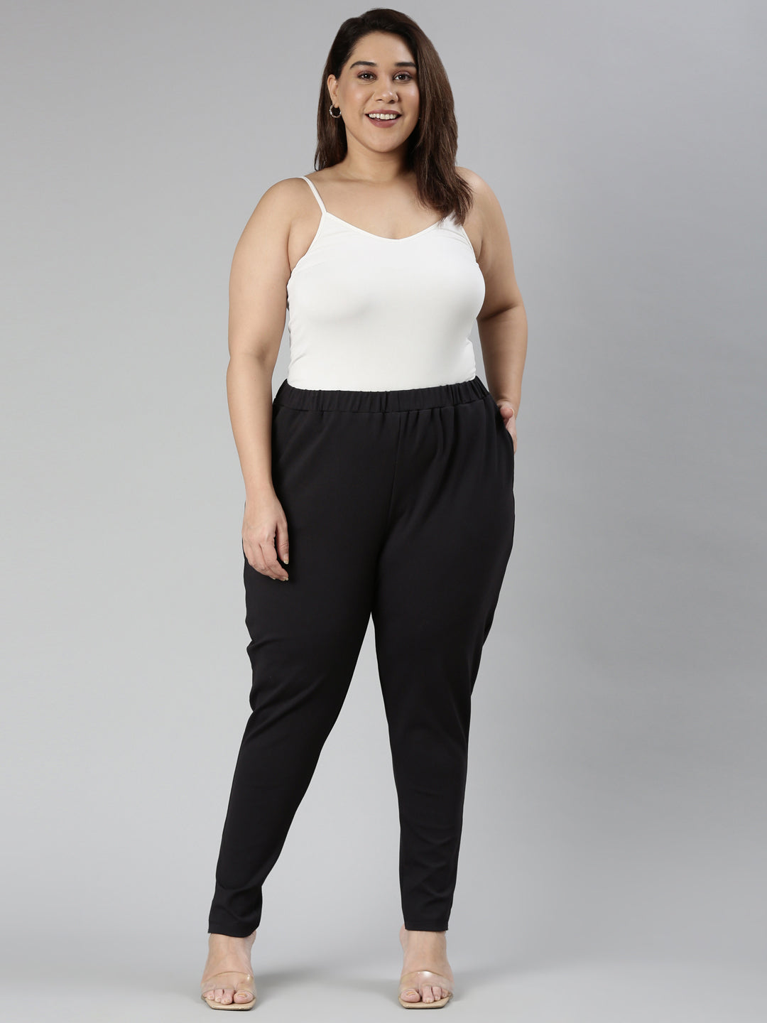 TheShaili - Women's Tapered fit Spandex Black Trousers