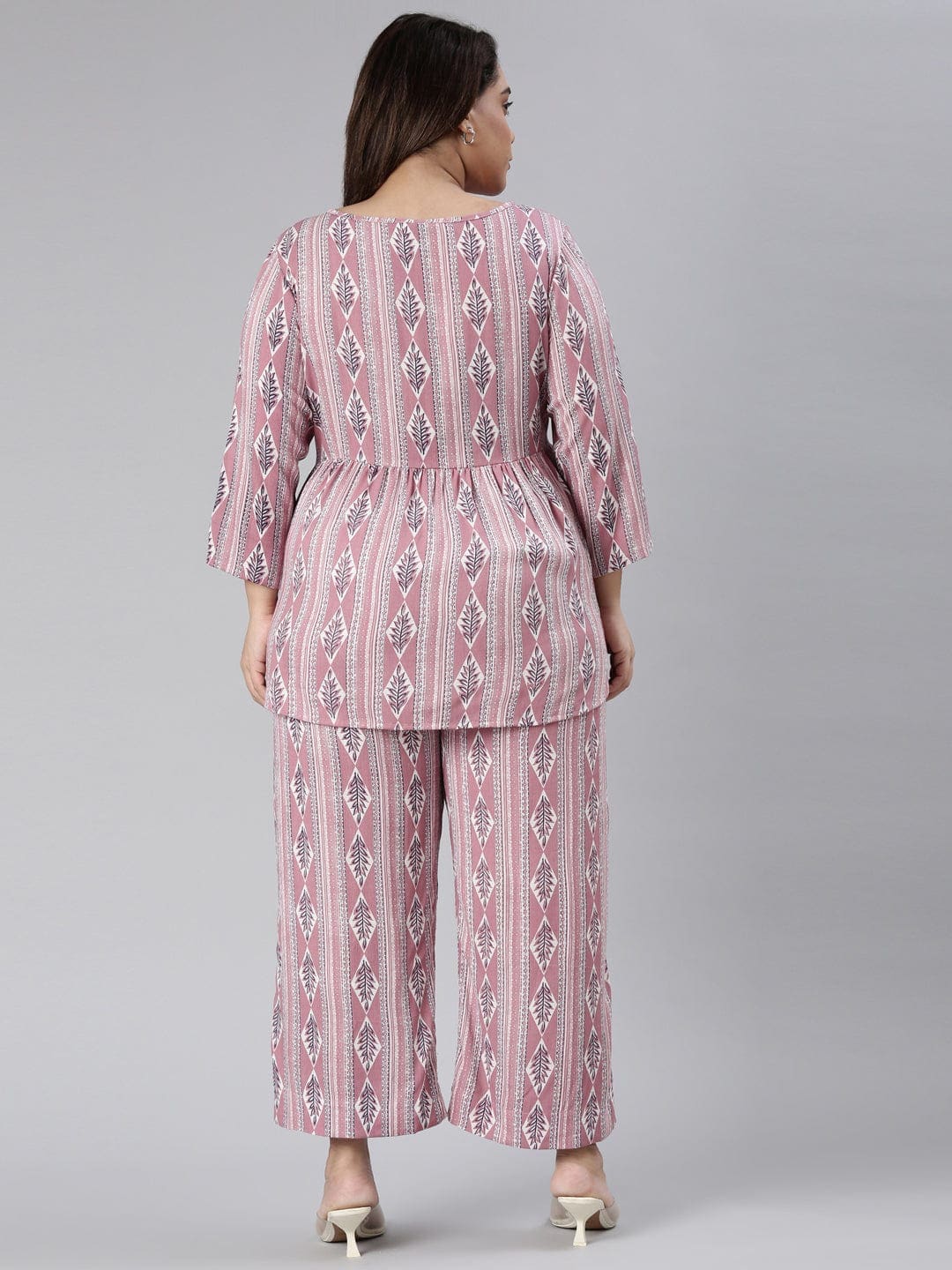 Women's Co-Ord set with Pink ethnic printed peplum top and elasticated palazzo