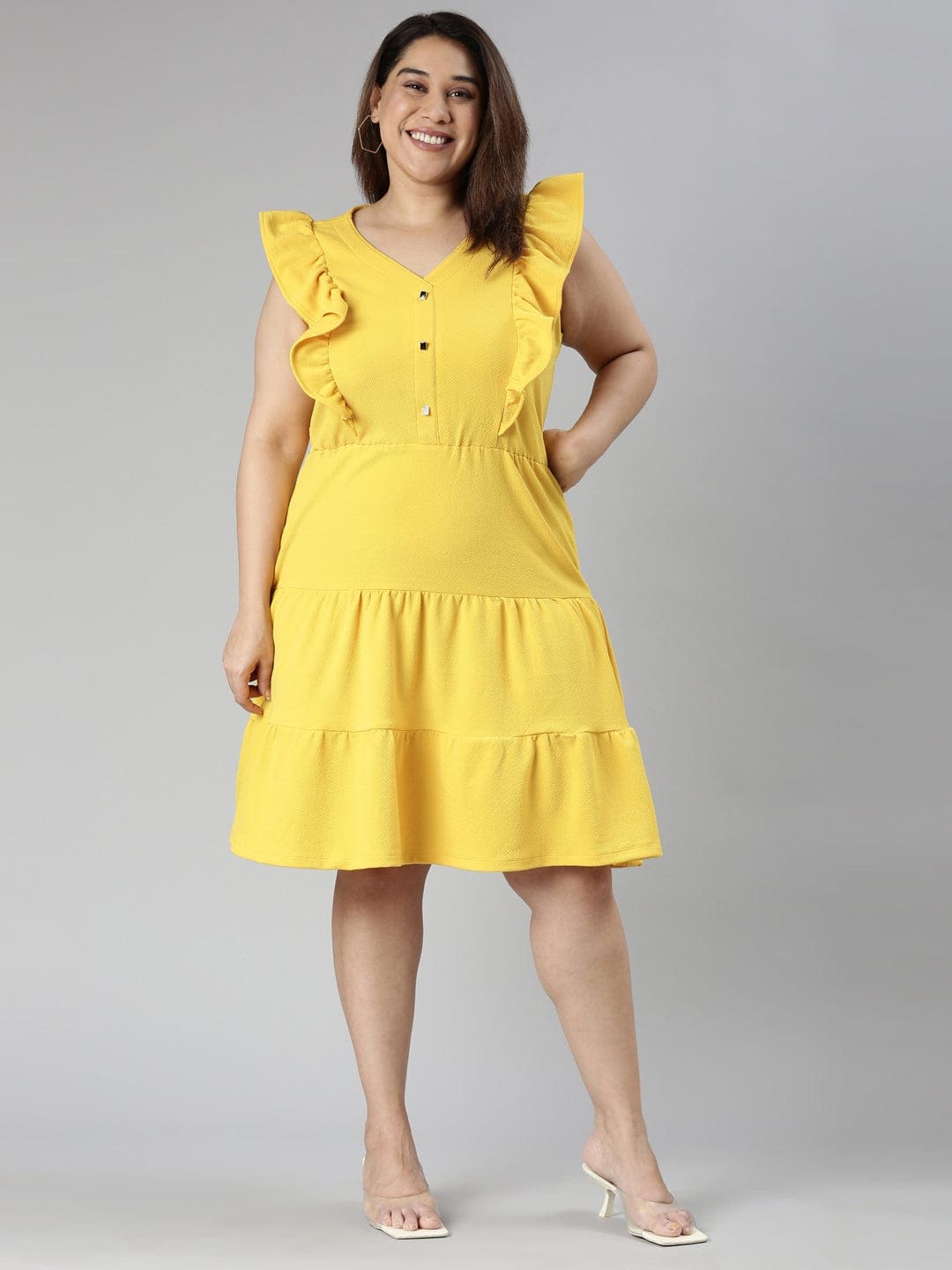 Yellow solid Ruffle tired knee length A-line dress
