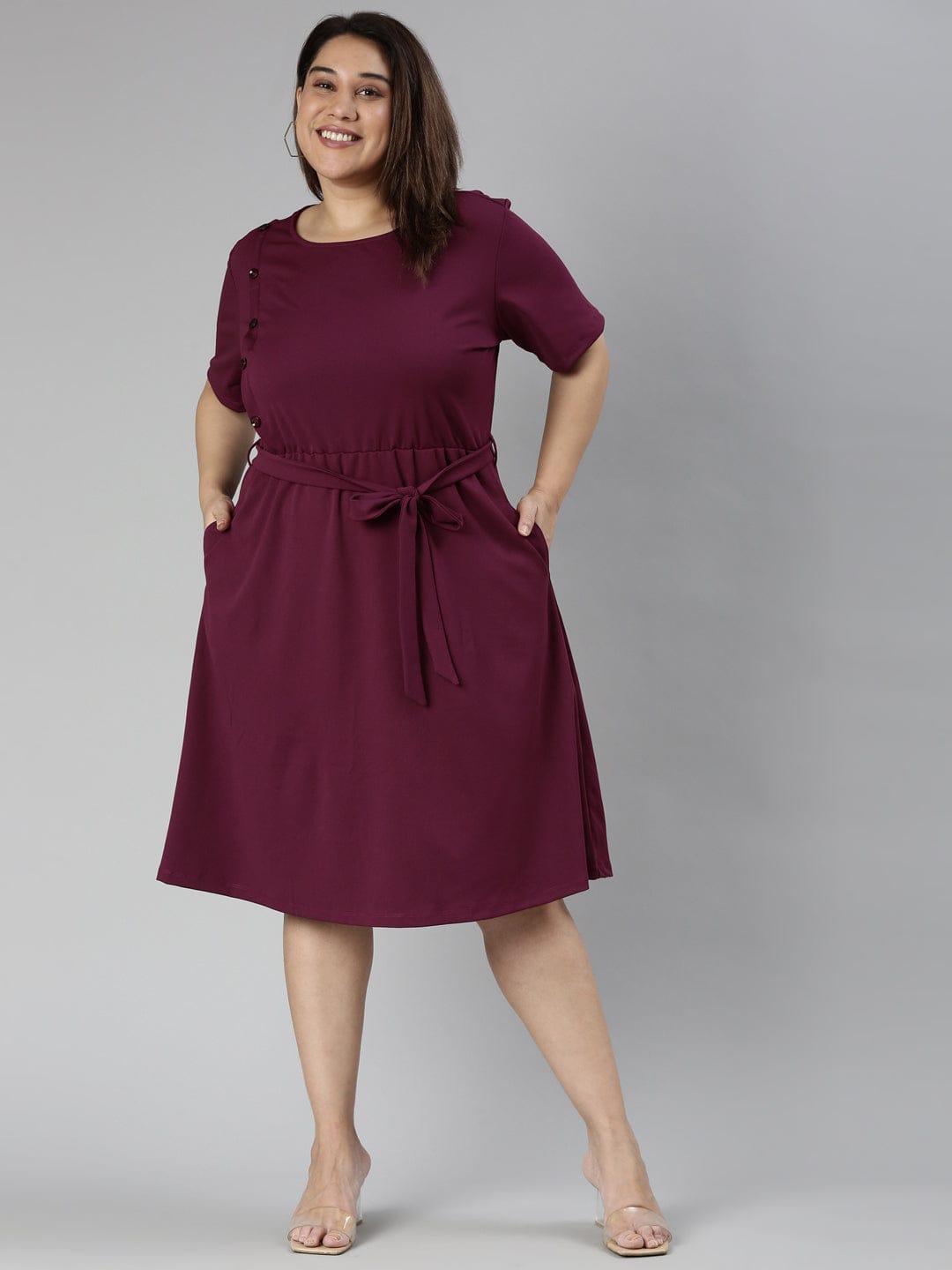 TheShaili - Women's Plum solid A-line maxi dress with pleat at front yoke