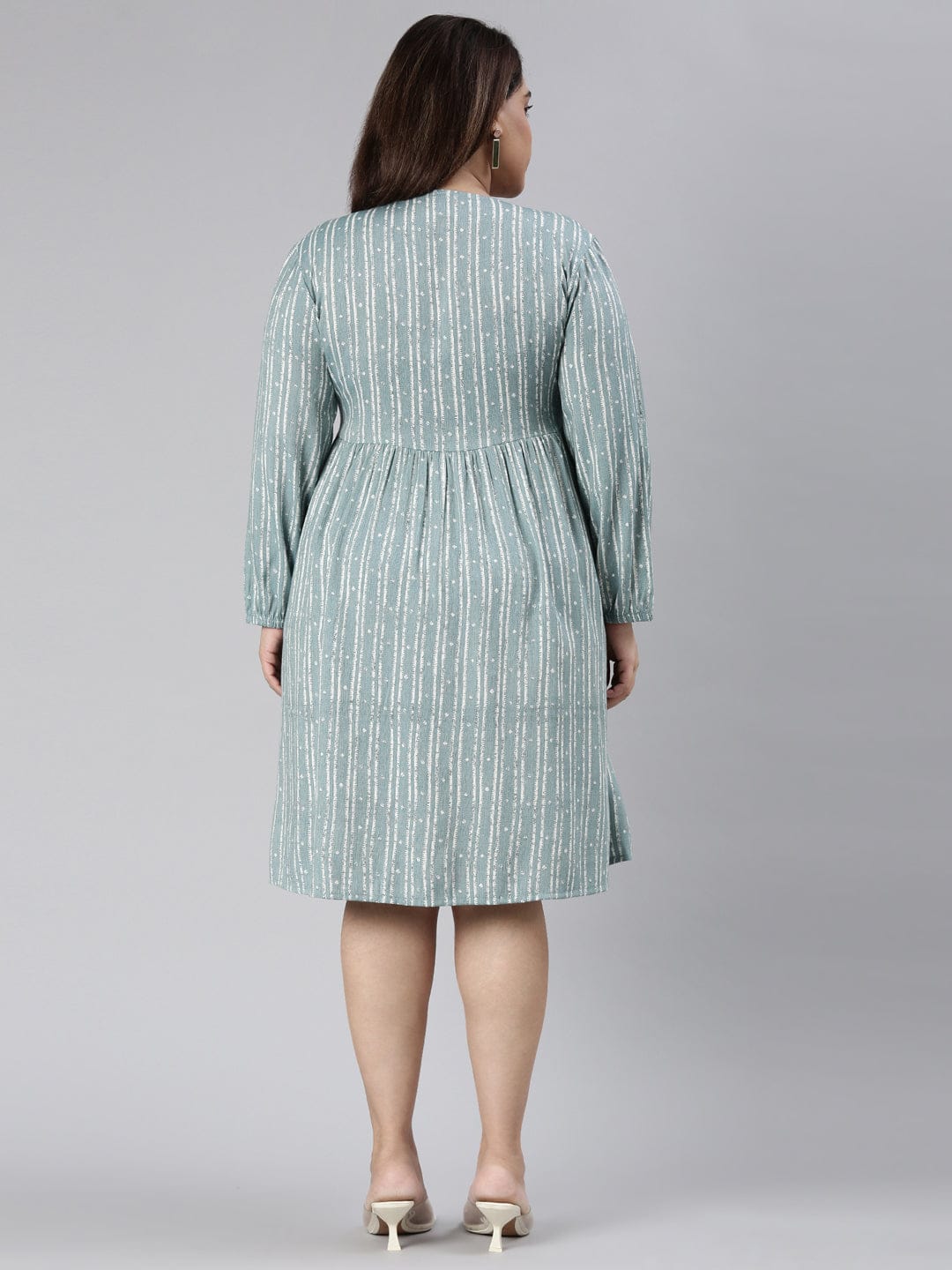 TheShaili - Women's Teal V shaped A-Line knee length dress
