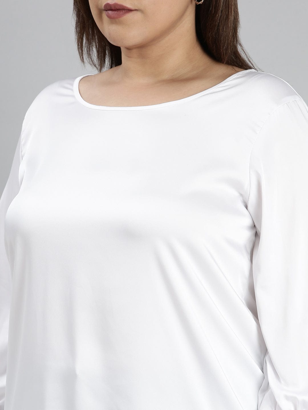 TheShaili - Women's Solid White satin round neck top